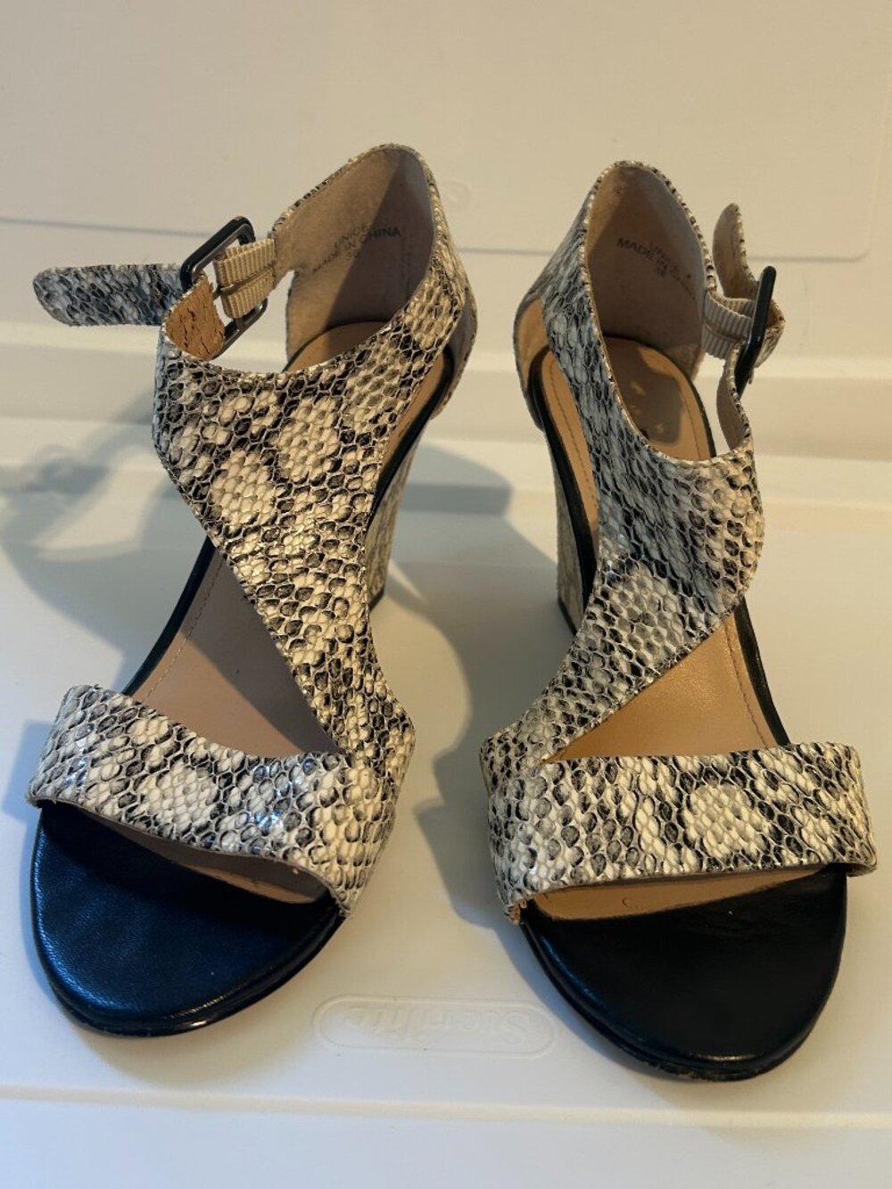 French Connection - Unice - Light Grey Snakeskin Buckle Wedge